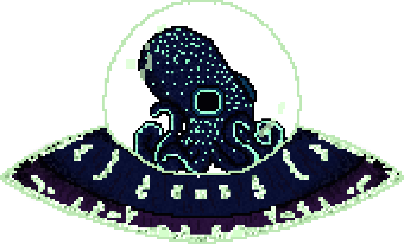 Pixel art of an bioluminescent octopus in a flying saucer