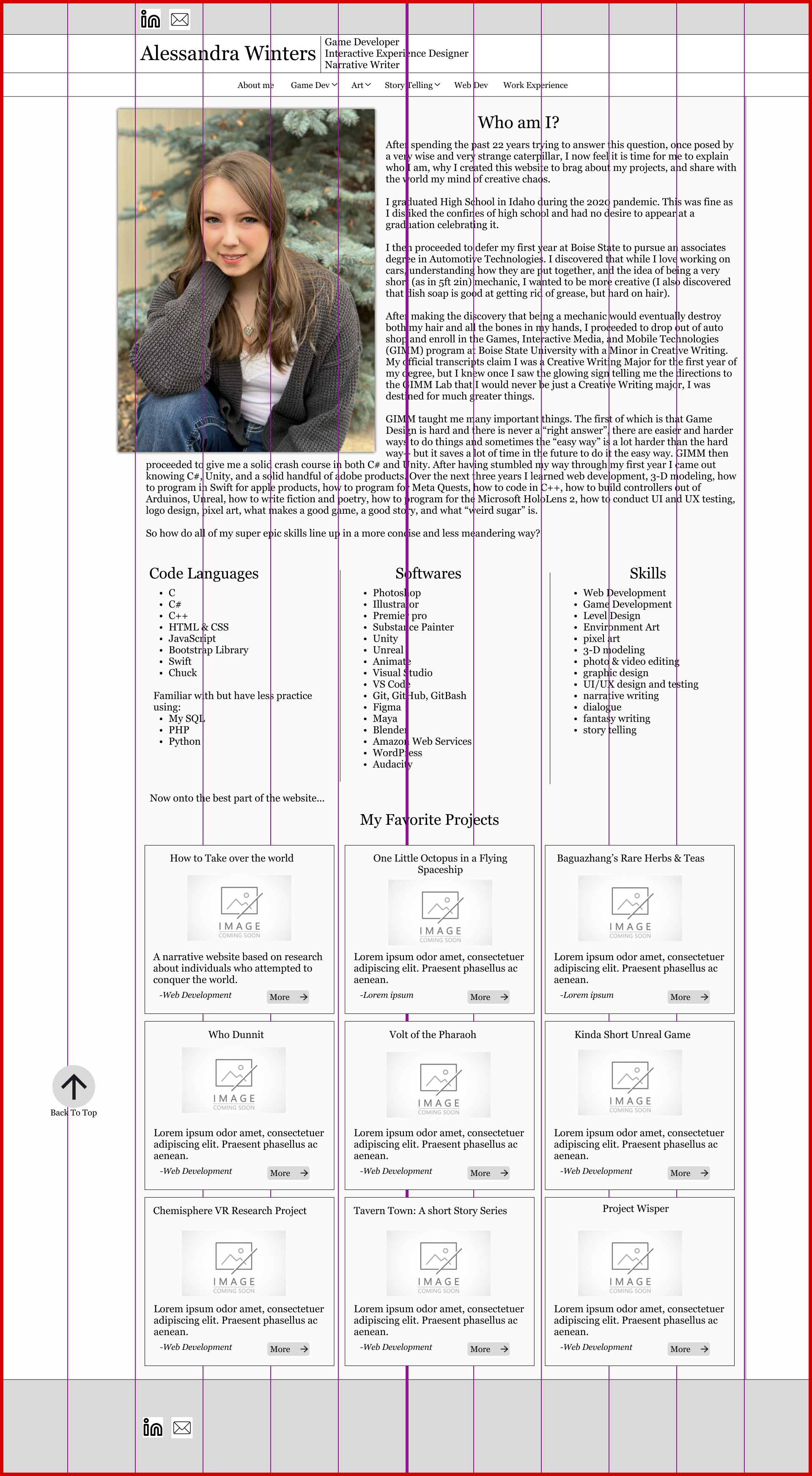 My initial black and white figma mock-up of my main landing page with gridlines.