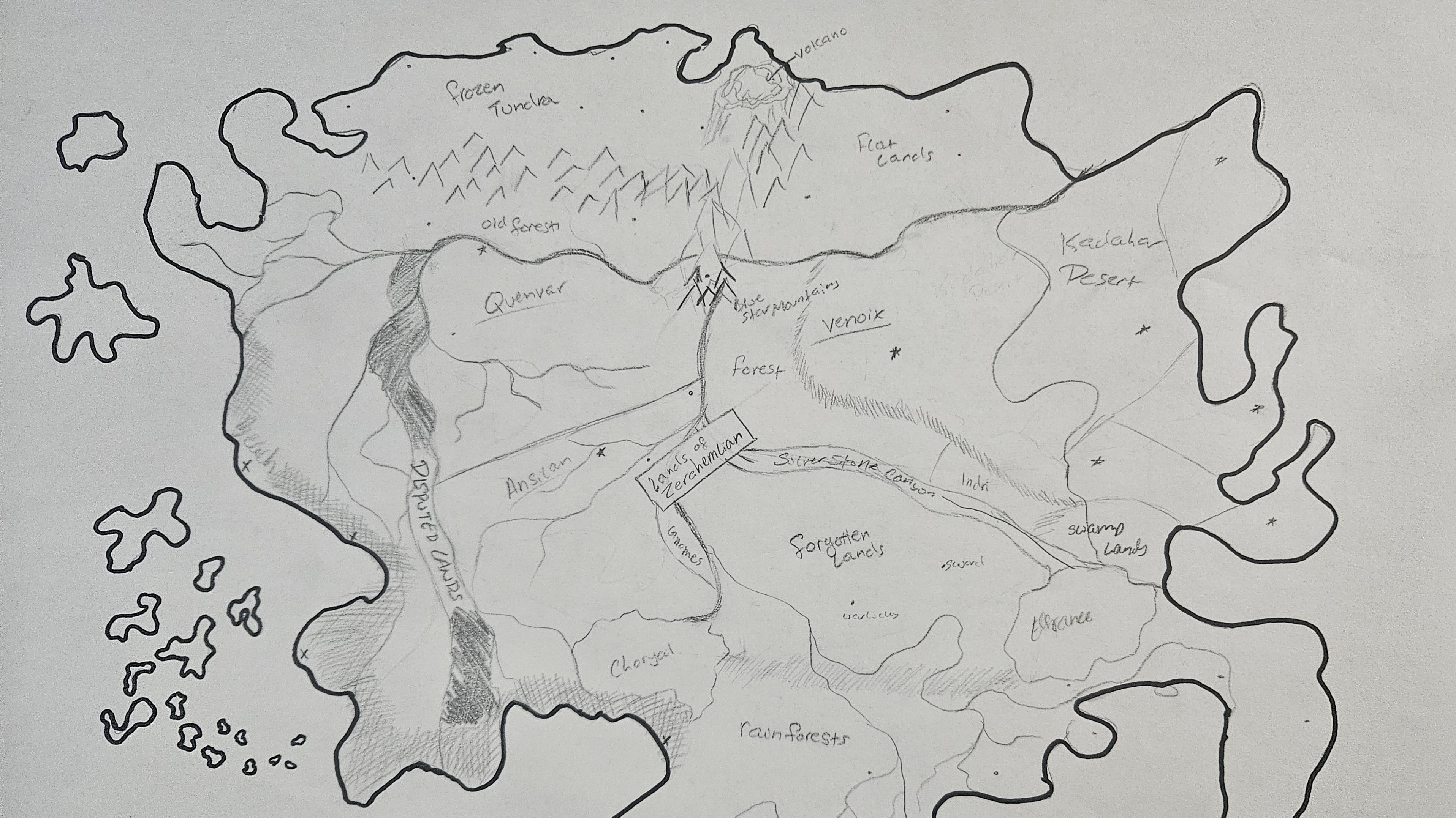 A hand drawn map of the word in which the short stories take place