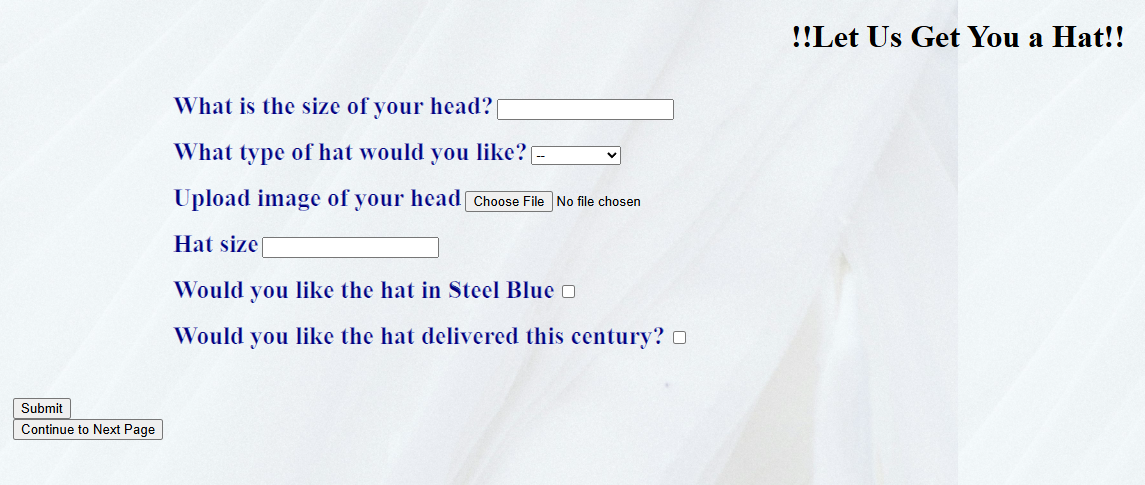 Form page asking questions about your hat size and style 
                    (head size, type of hat, upload a picture of head, hat size, if you would 
                    like the hat in steel blue or delivered this century)