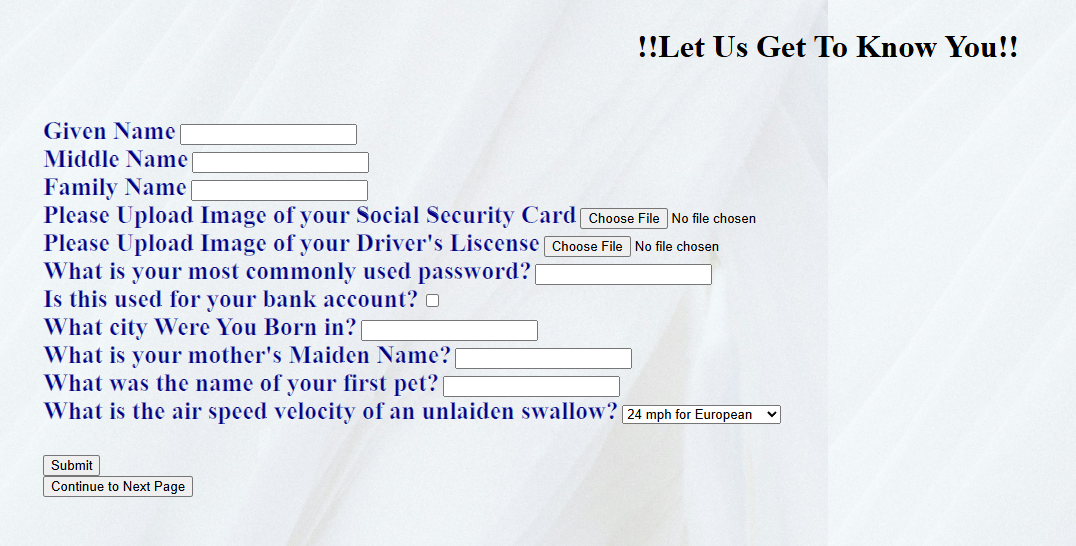 Form page asking common identity questions as a joke